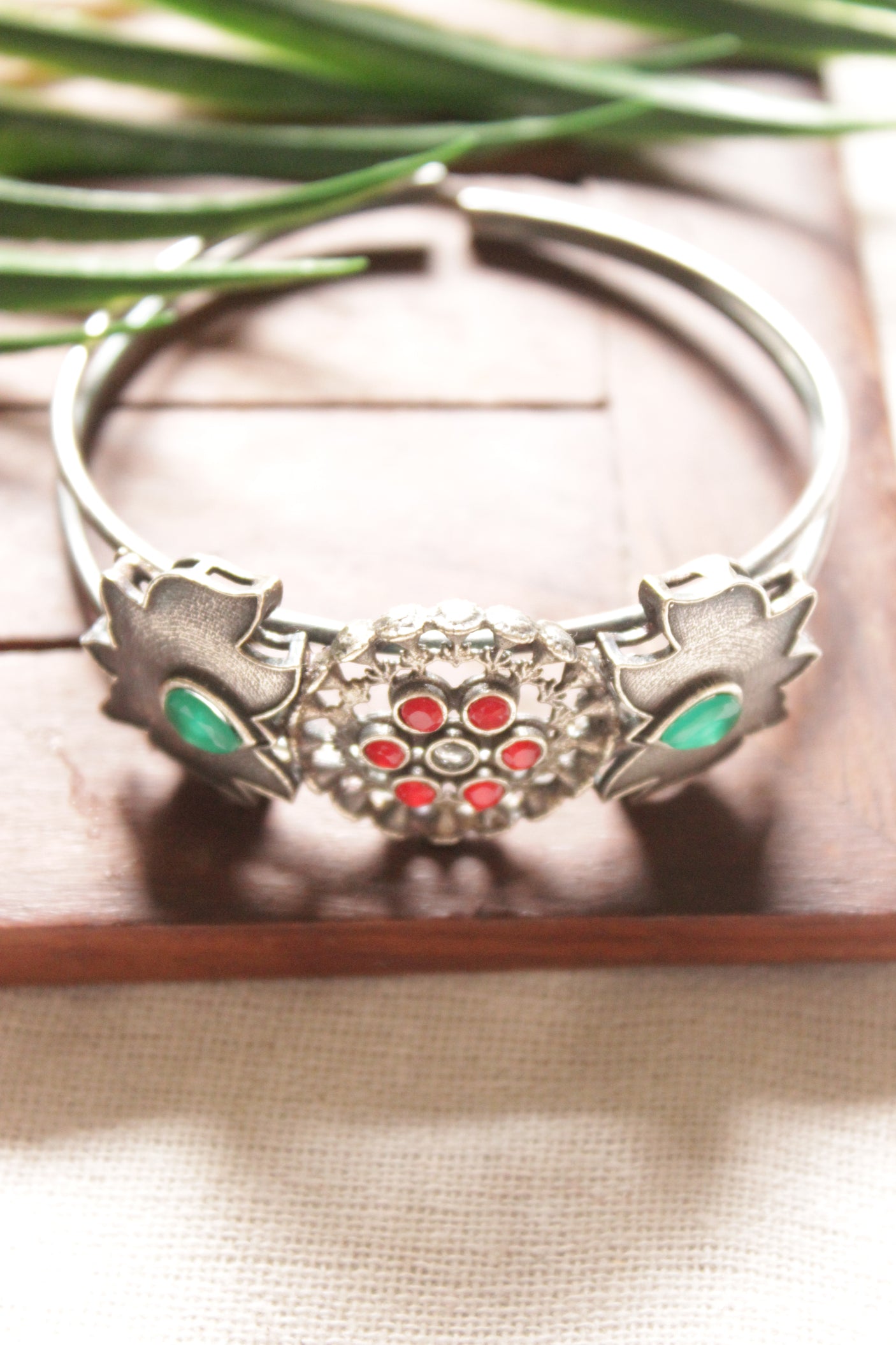 Oxidised Silver Finish Glass Stoned Studded Adjustable Bracelet