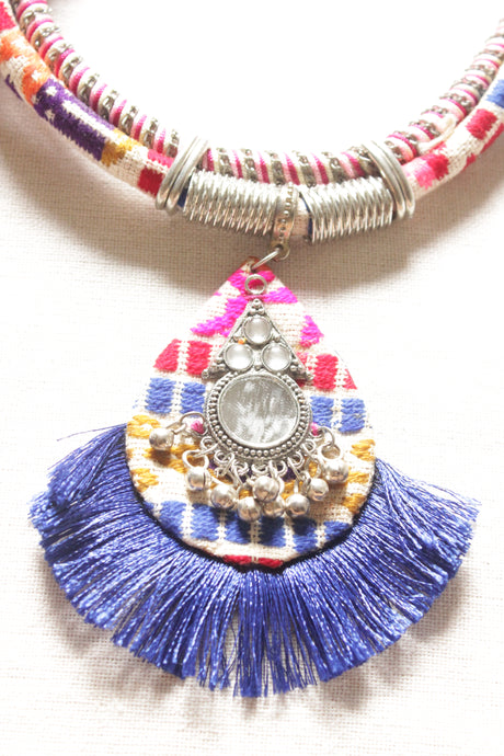 Multi-Color Fabric Threads Embroidered Necklace Embellished with Mirrors and Metal Beads