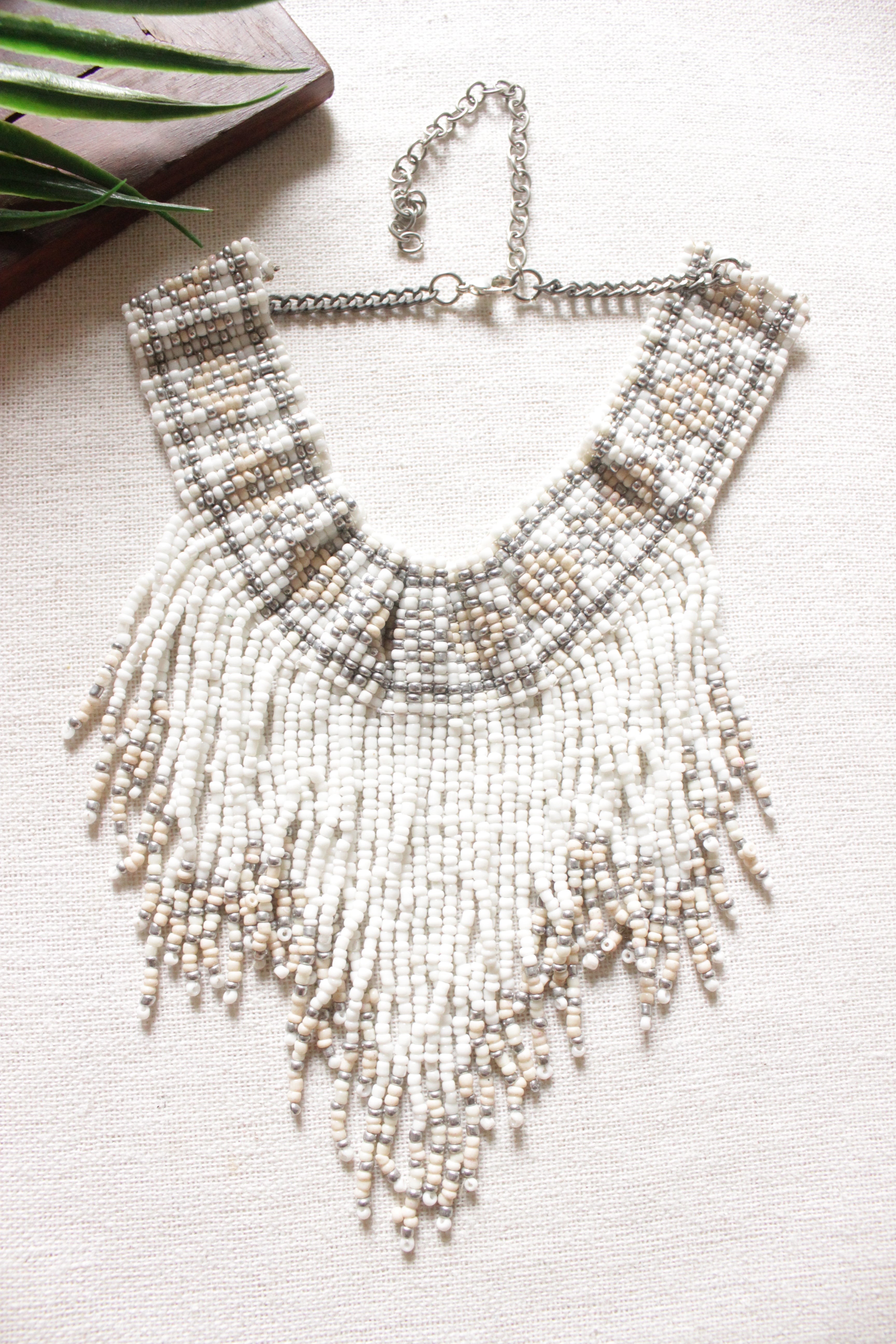 White & Beige Beaded Choker Necklace with Adjustable Chain Closure