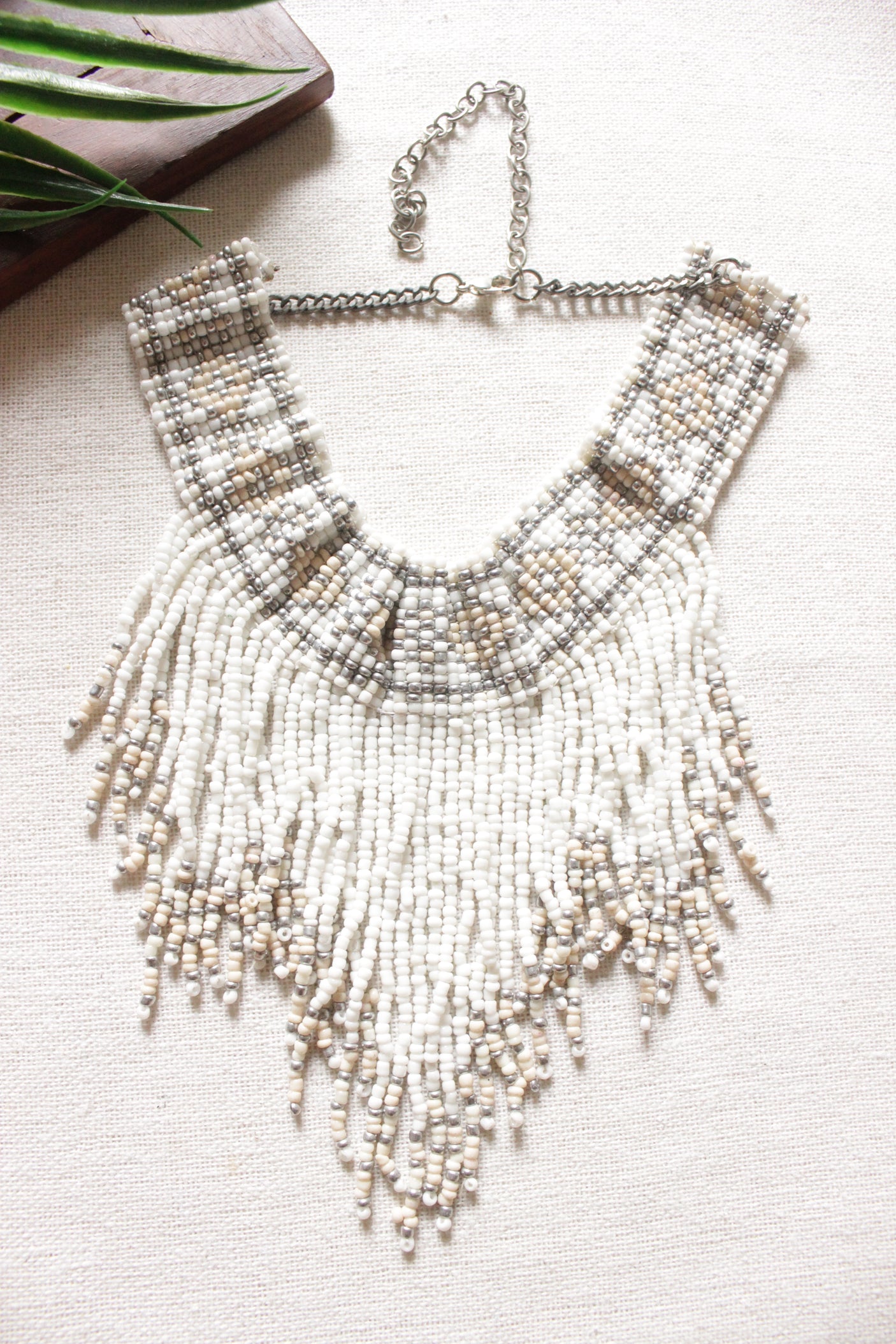 White & Beige Beaded Choker Necklace with Adjustable Chain Closure