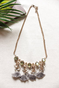 Gold Toned Pom Pom and Glass Stones Embellished Long Necklace