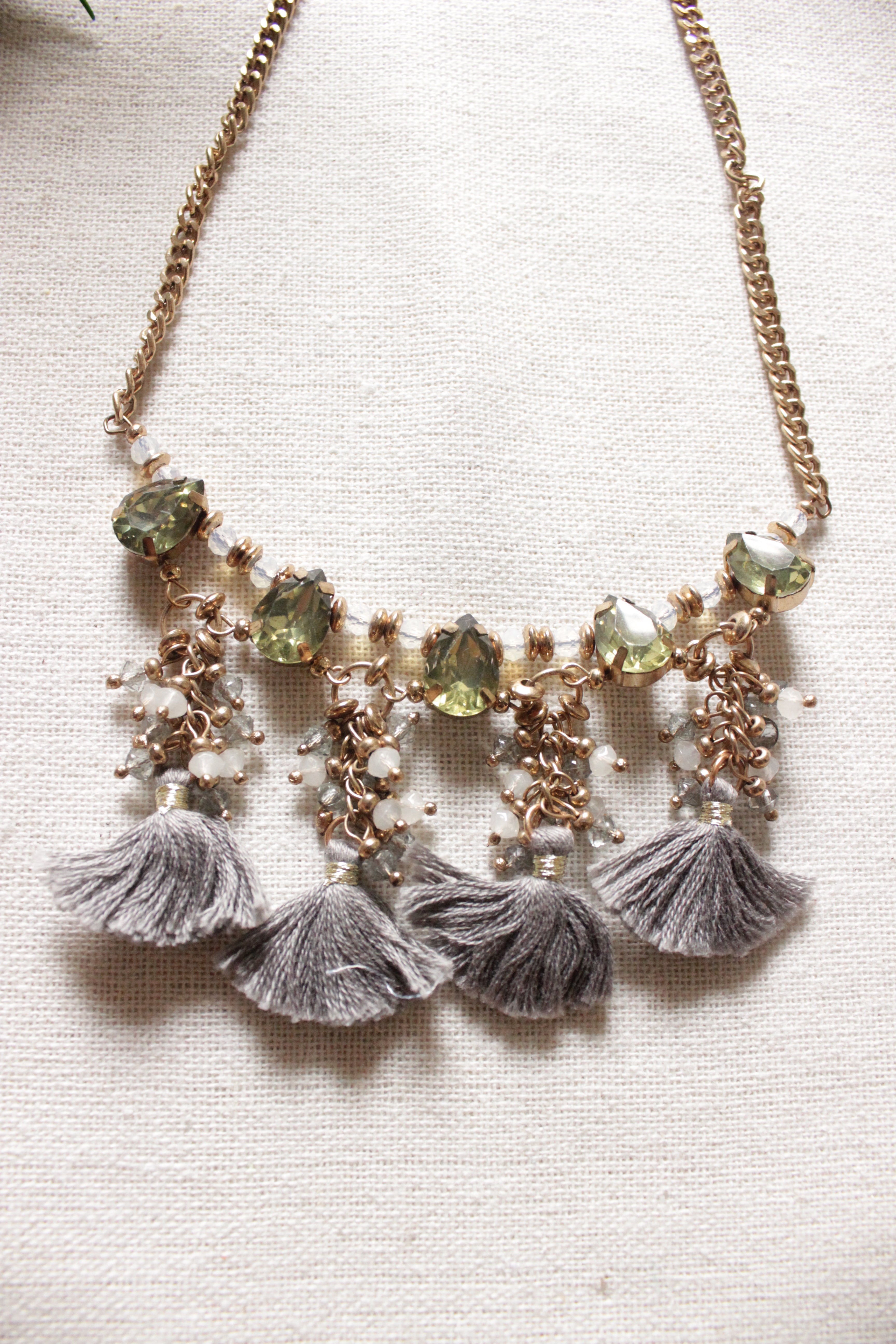 Gold Toned Pom Pom and Glass Stones Embellished Long Necklace
