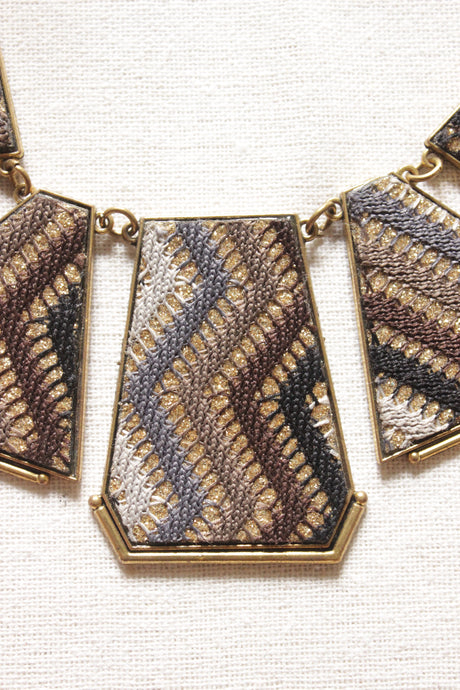 Hand Embroidered Cross-Stitch Gold Toned Necklace