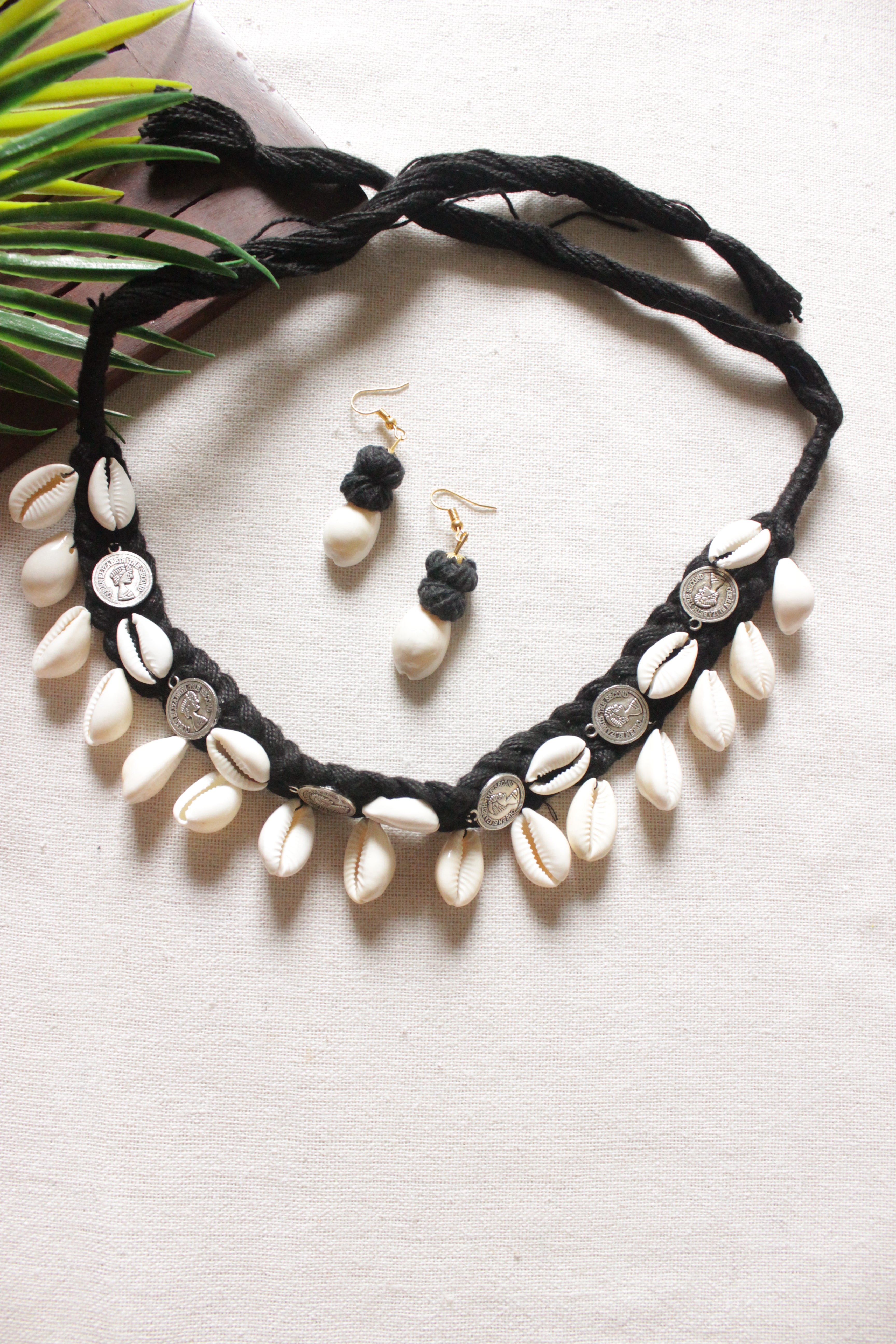 Black Braided Fabric Threads Choker Necklace Set with Shells and Stamped Coins
