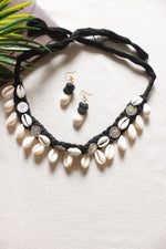Load image into Gallery viewer, Black Braided Fabric Threads Choker Necklace Set with Shells and Stamped Coins
