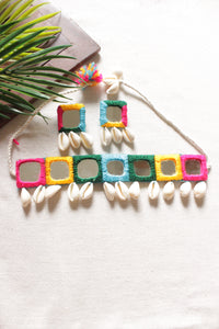 Multi-Color Hand Embroidered Mirrors and Shell Work Choker Necklace Set