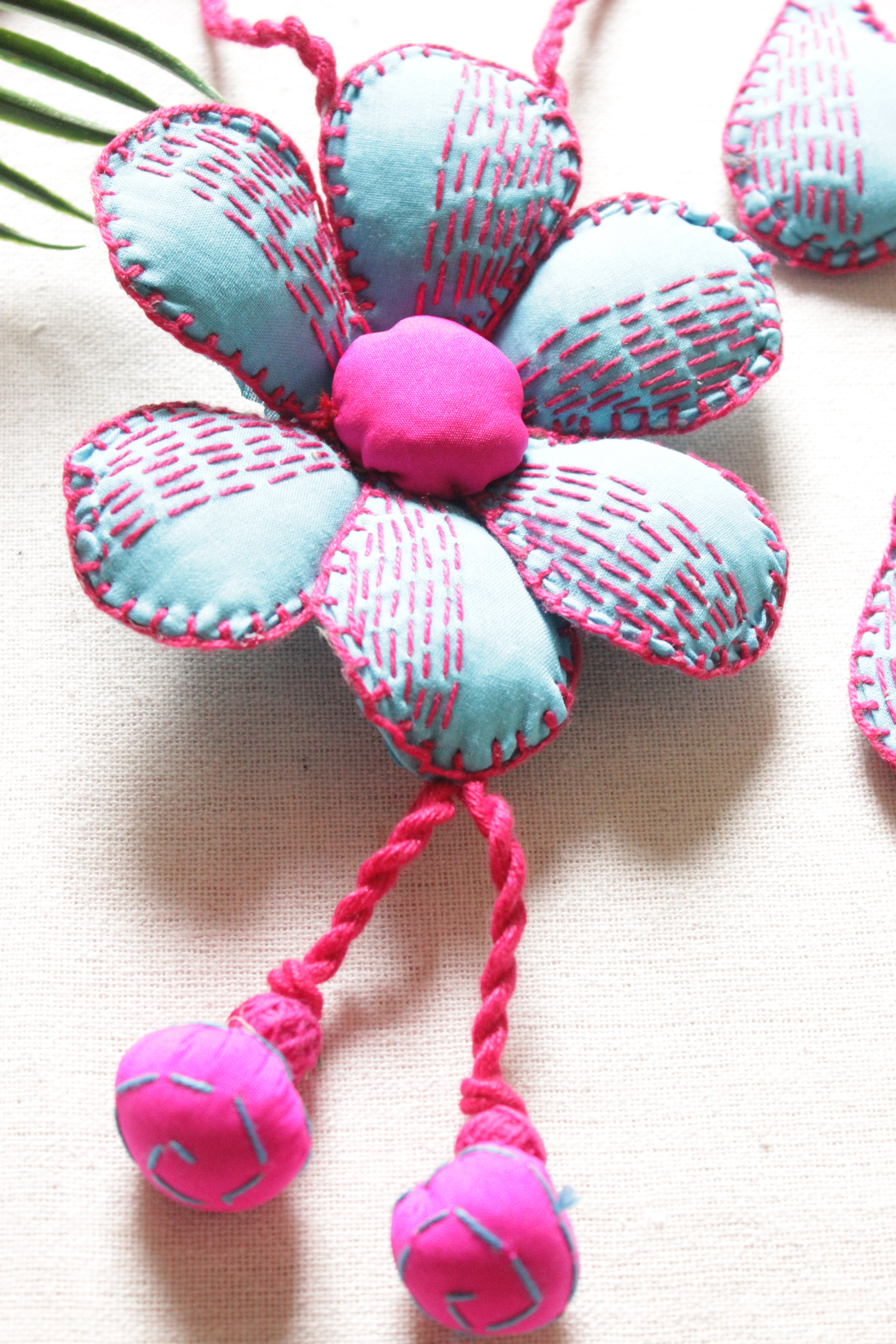 Blue and Pink Fabric Hand Embroidered Flower Thread Closure Necklace Set