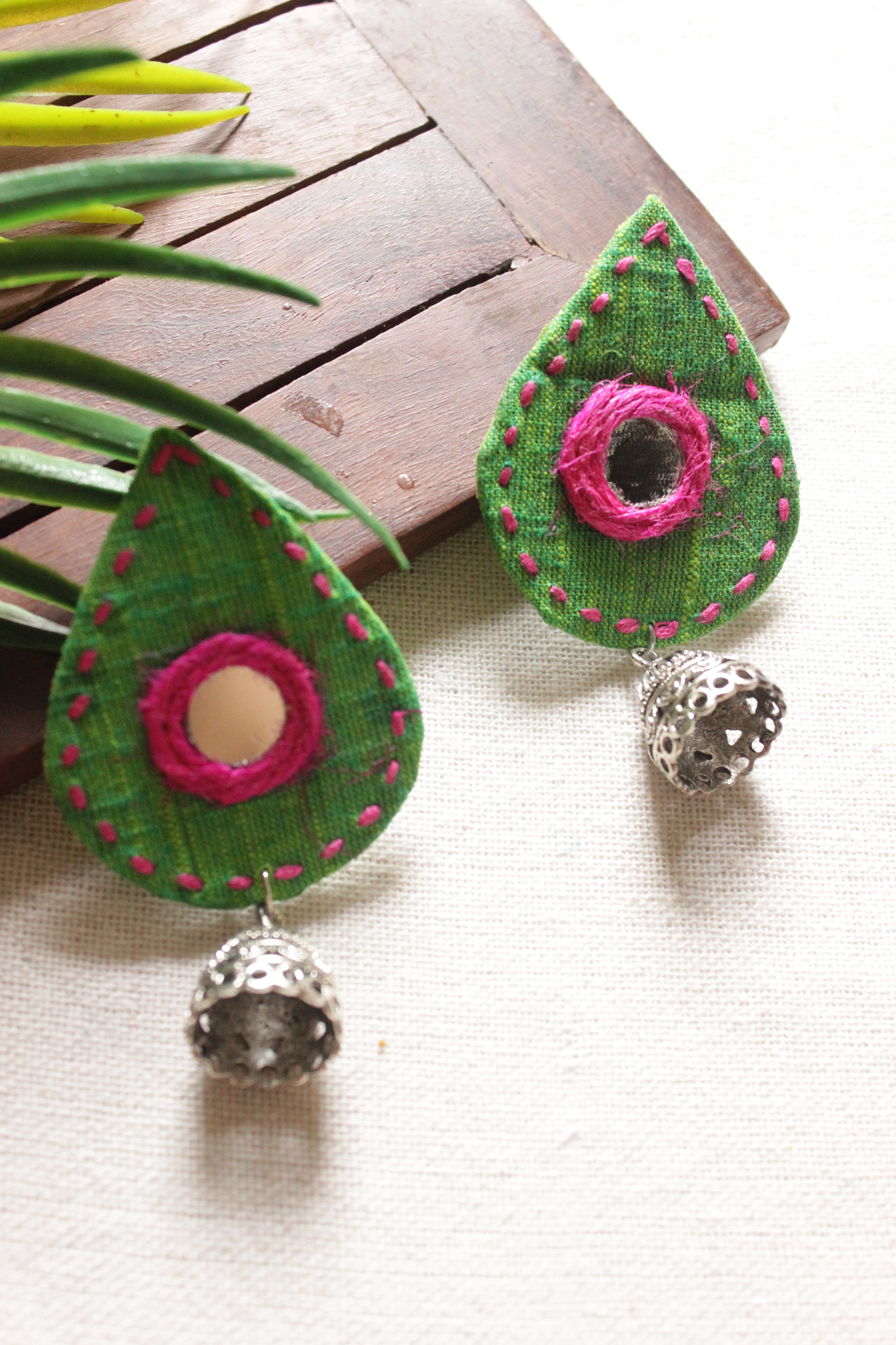 Parrot Green and Pink Hand Embroidered Jhumka Earrings