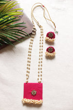 Load image into Gallery viewer, Fuchsia Fabric Gold Toned Necklace Set Embellished with Kundan Stones and Pearls
