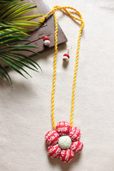 Mantra Printed Red Fabric Flower Shaped Pendant Handmade Necklace Set