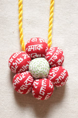Mantra Printed Red Fabric Flower Shaped Pendant Handmade Necklace Set