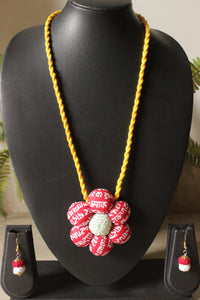 Mantra Printed Red Fabric Flower Shaped Pendant Handmade Necklace Set