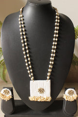 White and Gold Toned Adjustable Dori Closure White Fabric Necklace Set