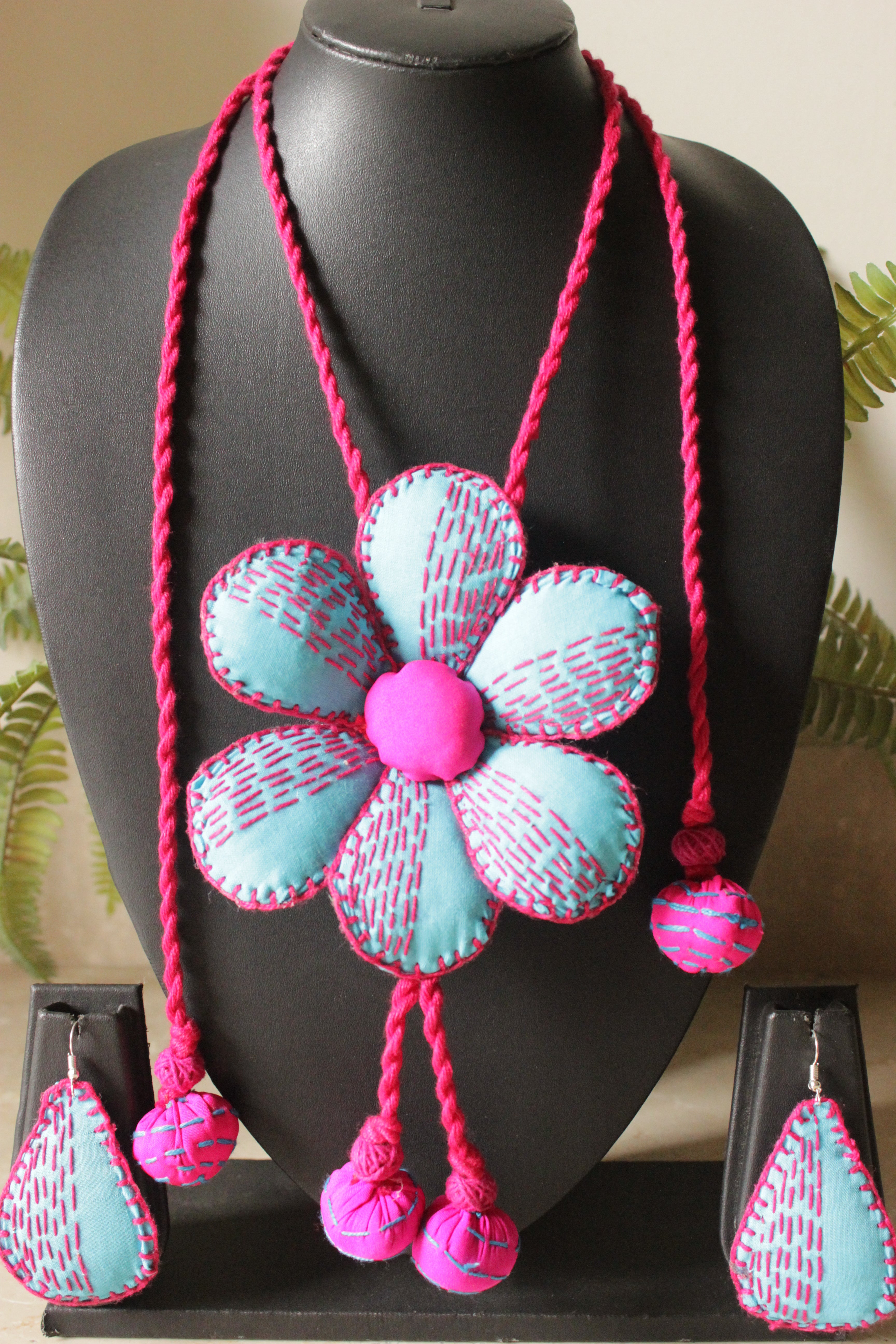 Blue and Pink Fabric Hand Embroidered Flower Thread Closure Necklace Set