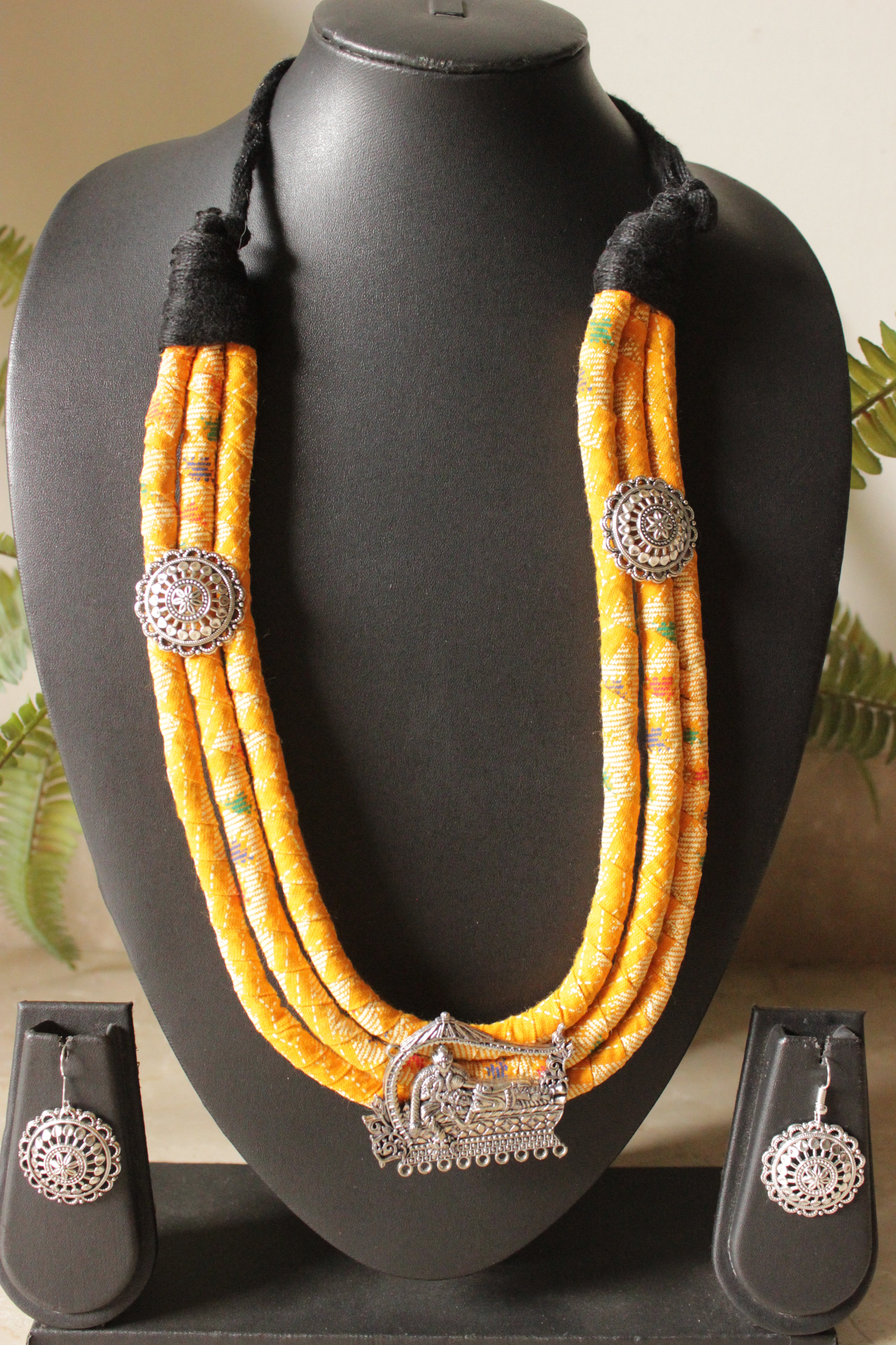 3-Layer Yellow Fabric Wrapped Around Rope Necklace Set Embellished with Metal Charms