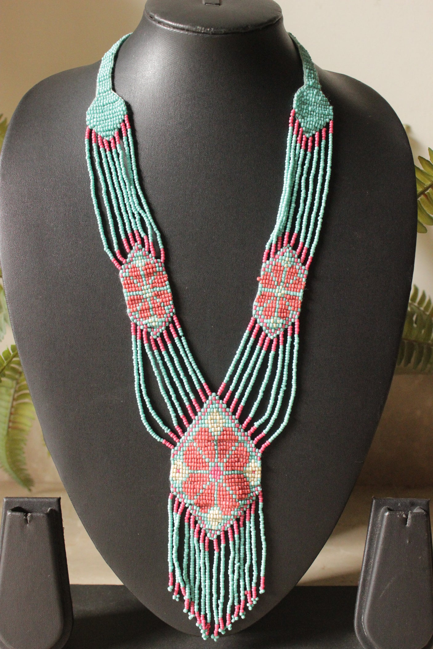Turquoise and Red Beads Hand Braided Long Beaded Necklace