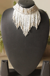 White & Beige Beaded Choker Necklace with Adjustable Chain Closure