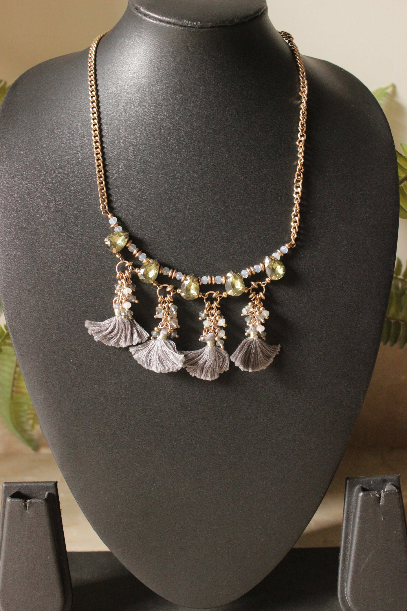 Gold Toned Pom Pom and Glass Stones Embellished Long Necklace