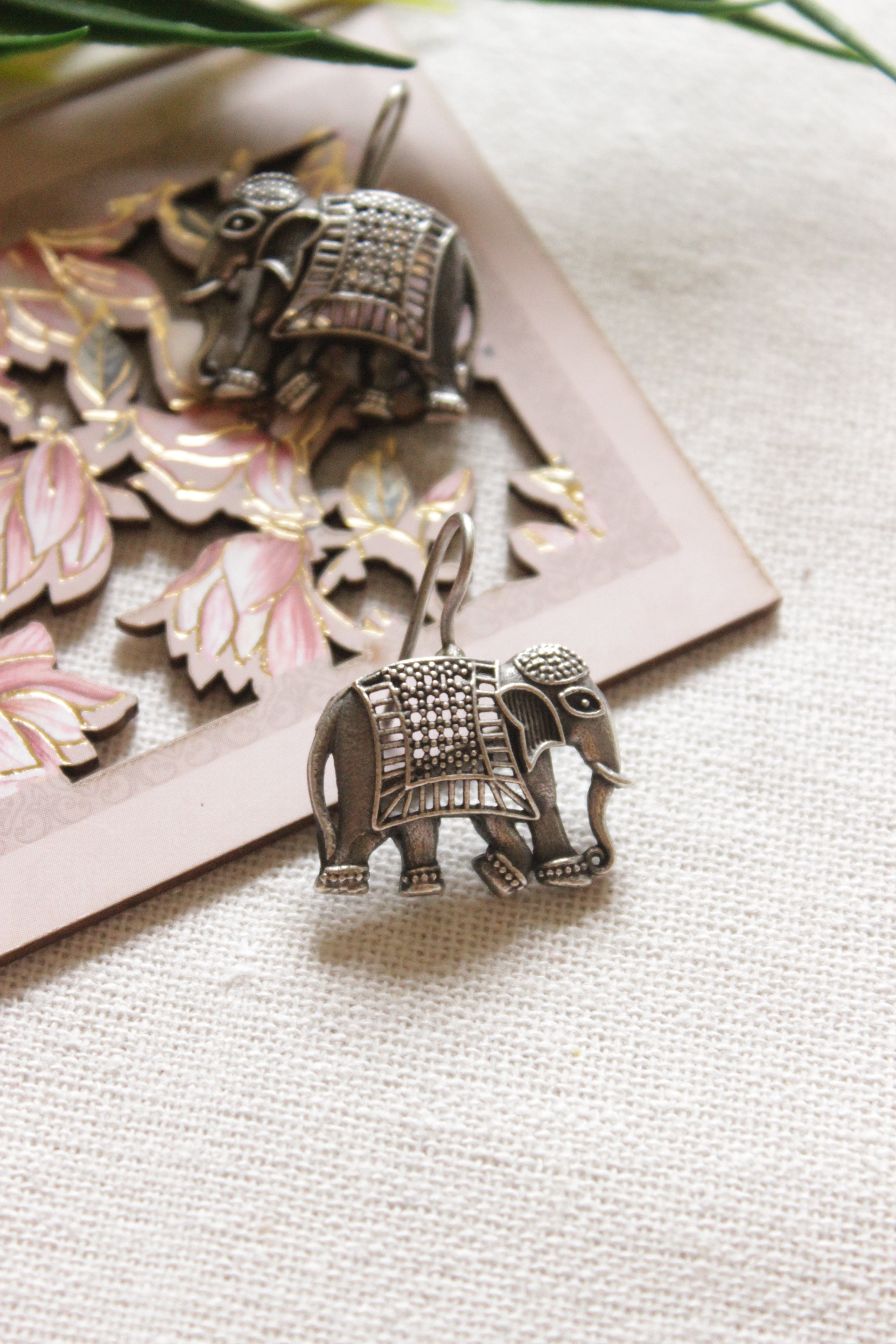 Oxidised Finish Elephant Motif Metal Earrings