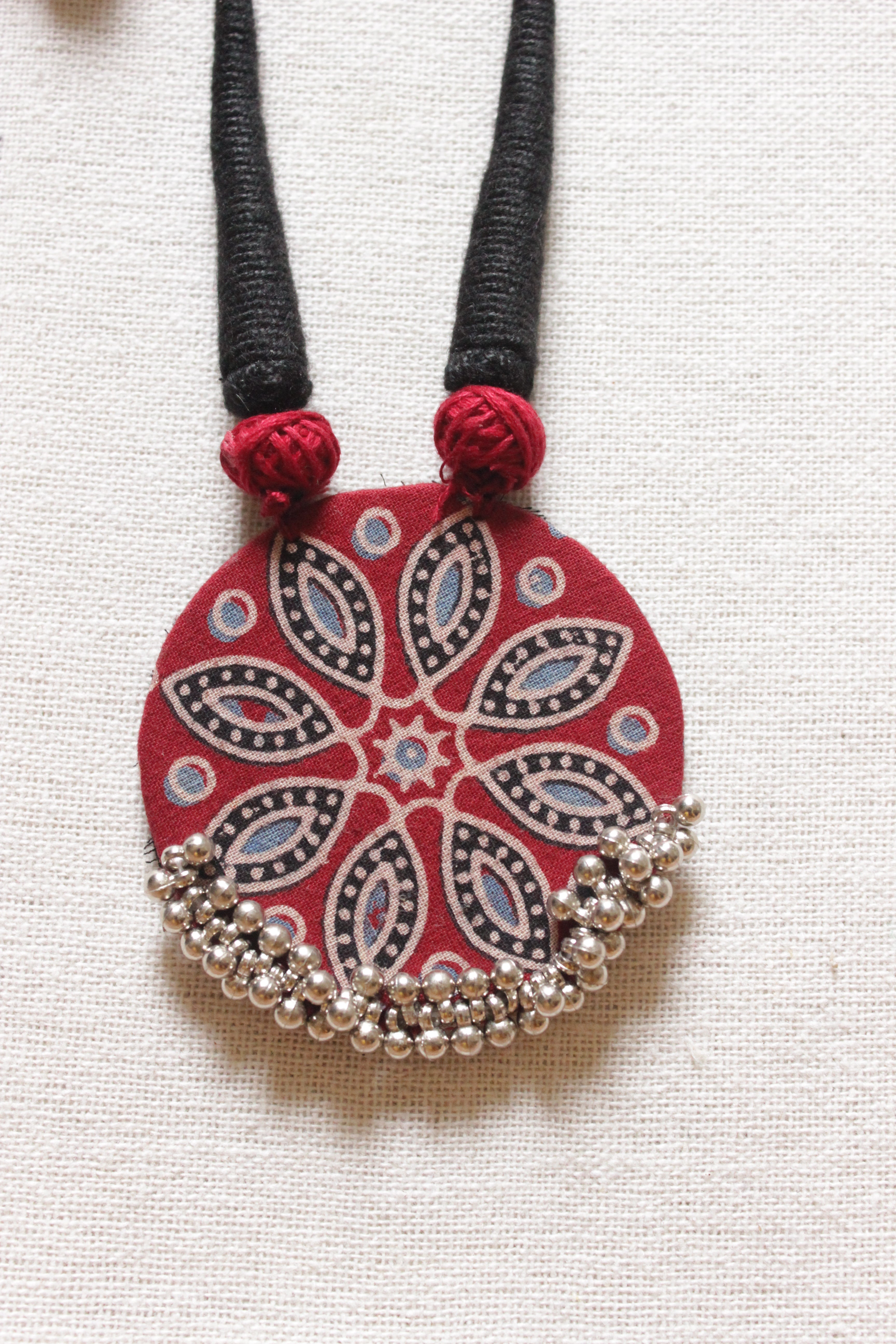 Block Printed Red Fabric Adjustable Thread Closure Necklace Set with Jhumka Earrings