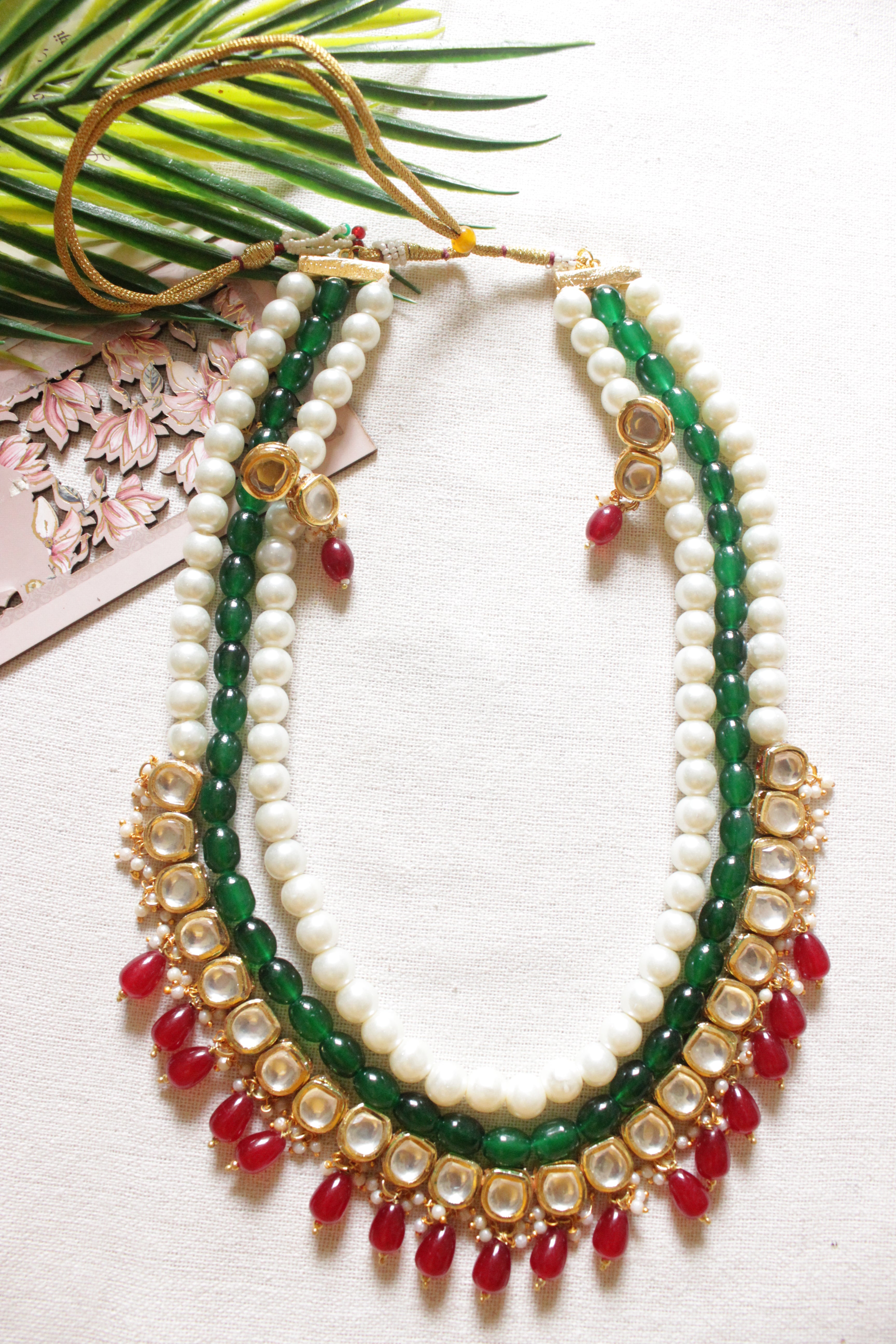 3 Layer Red Green & White Festive Adjustable Length Polki Necklace Set
