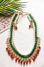 Load image into Gallery viewer, 3 Layer Red Green &amp; White Festive Adjustable Length Polki Necklace Set

