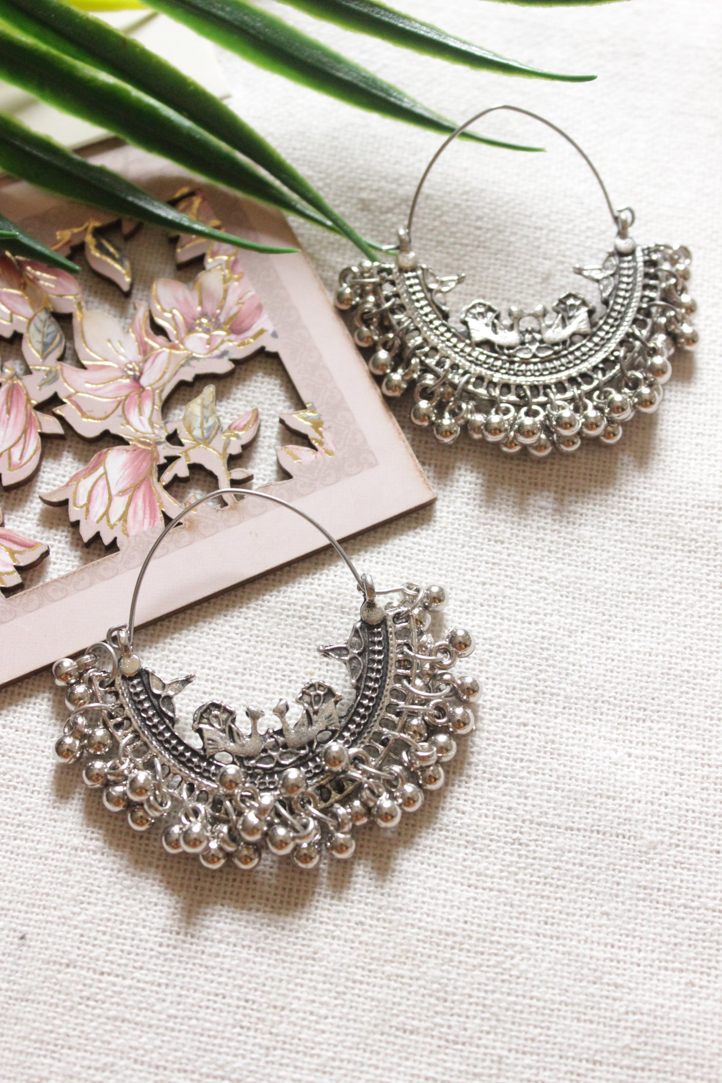 Peacock Motifs Metal Chandbali Earrings Embellished with Ghungroo Beads