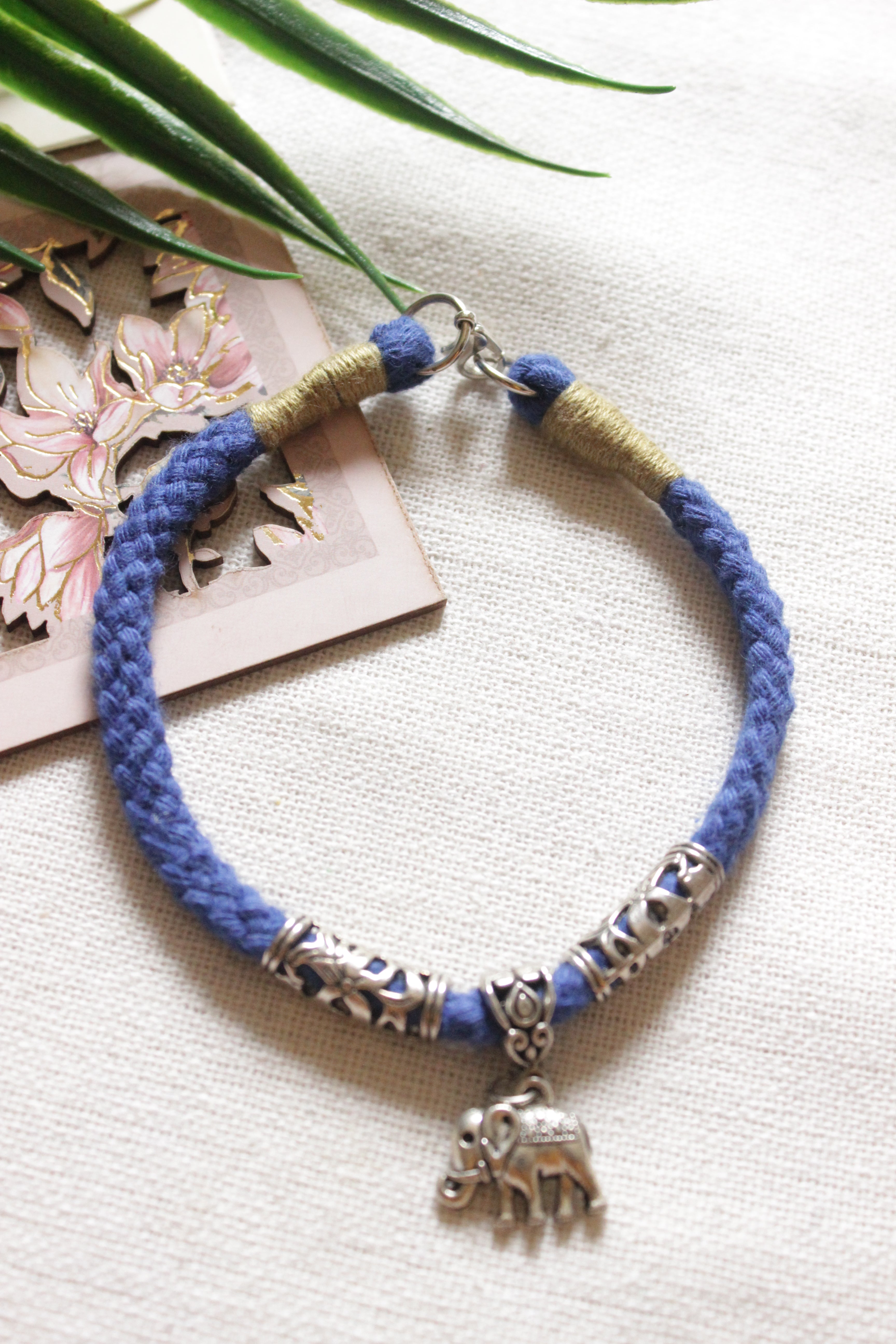 Hand Braided Fabric Anklet with Elephant Metal Charm