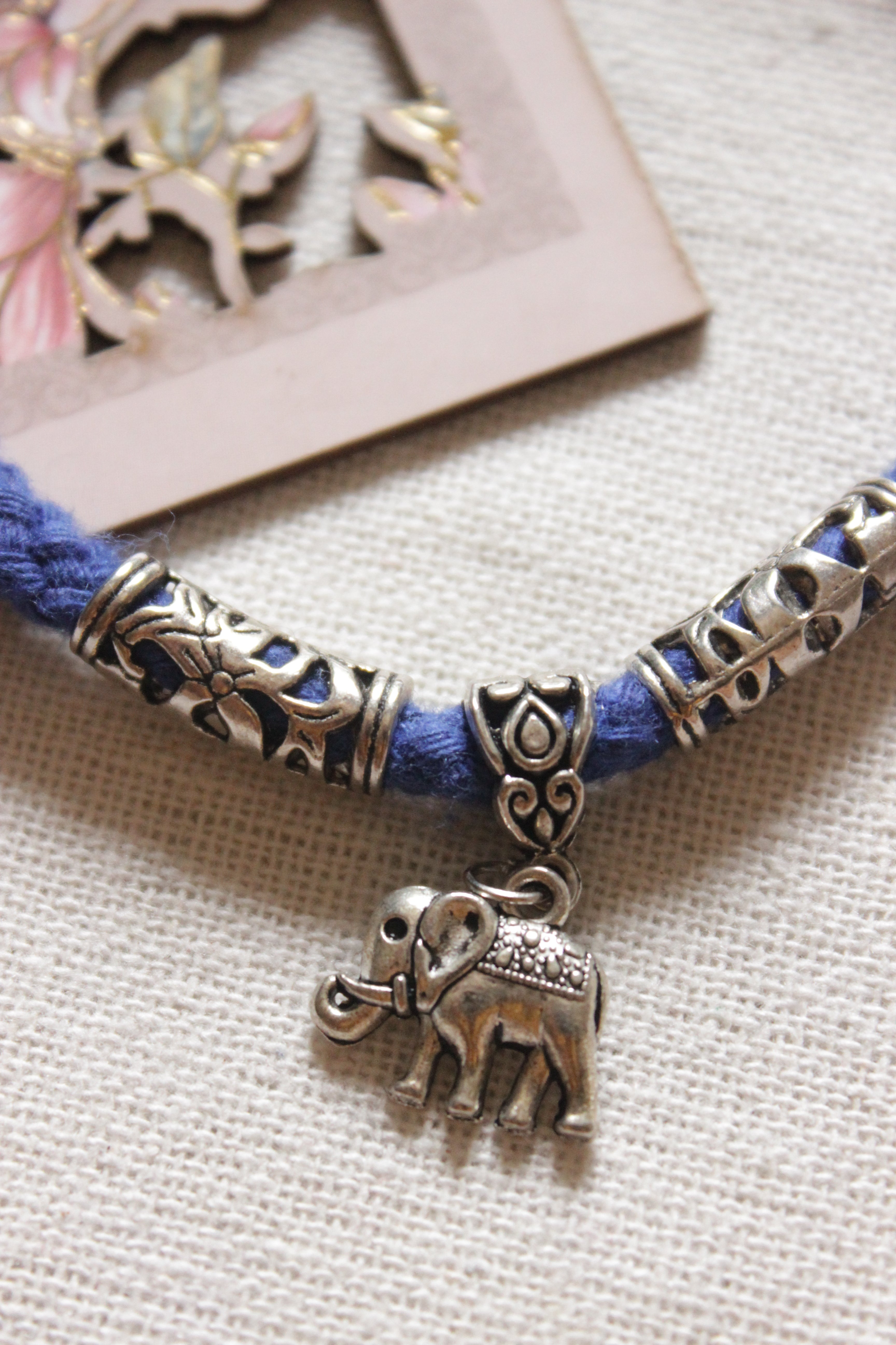 Hand Braided Fabric Anklet with Elephant Metal Charm