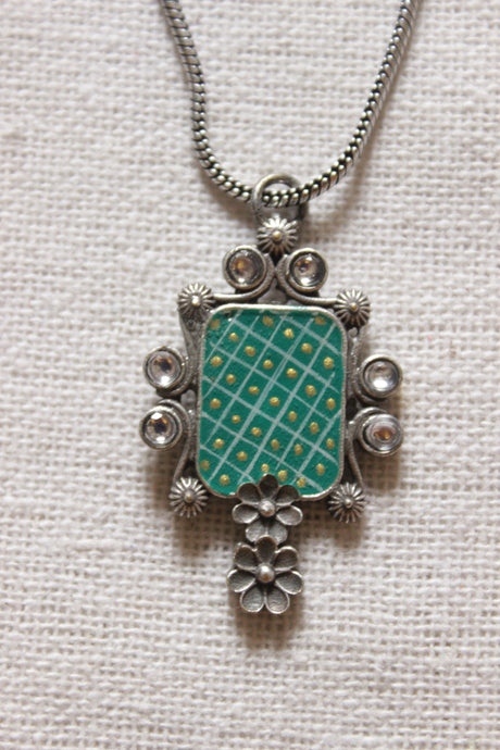 Oxidised Finish Hand Painted Pendant Petite Chain Necklace