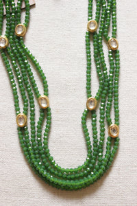 5 Layer Bottle Green Crystal Beads Necklace Set Accentuated with Gold Toned Kundan Stones