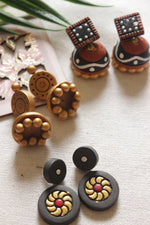 Load image into Gallery viewer, Set of 4 Earthy Handmade Terracotta Clay Jhumka Earrings
