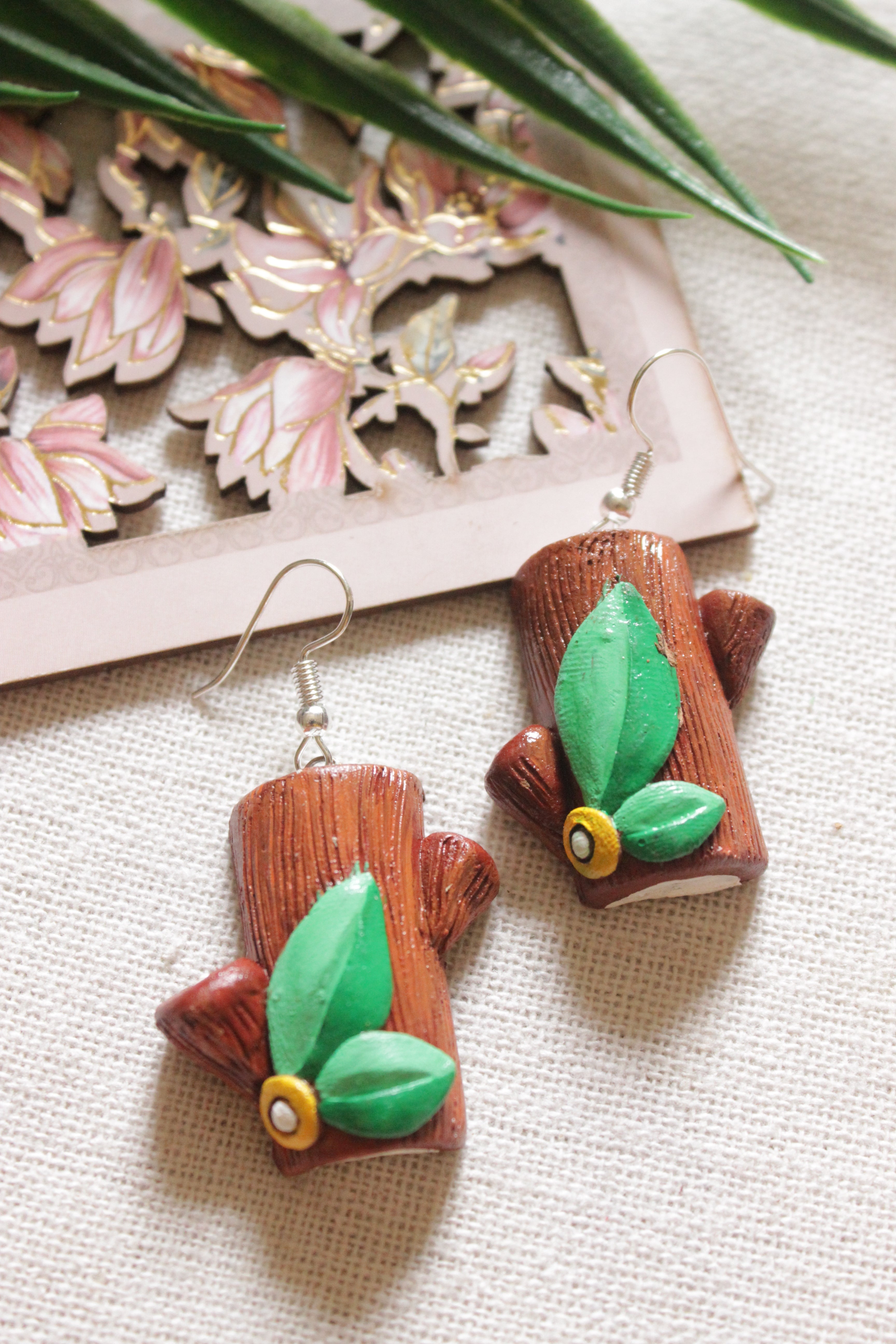 Handmade Terracotta Clay Tree Trunk and Leaves Earrings