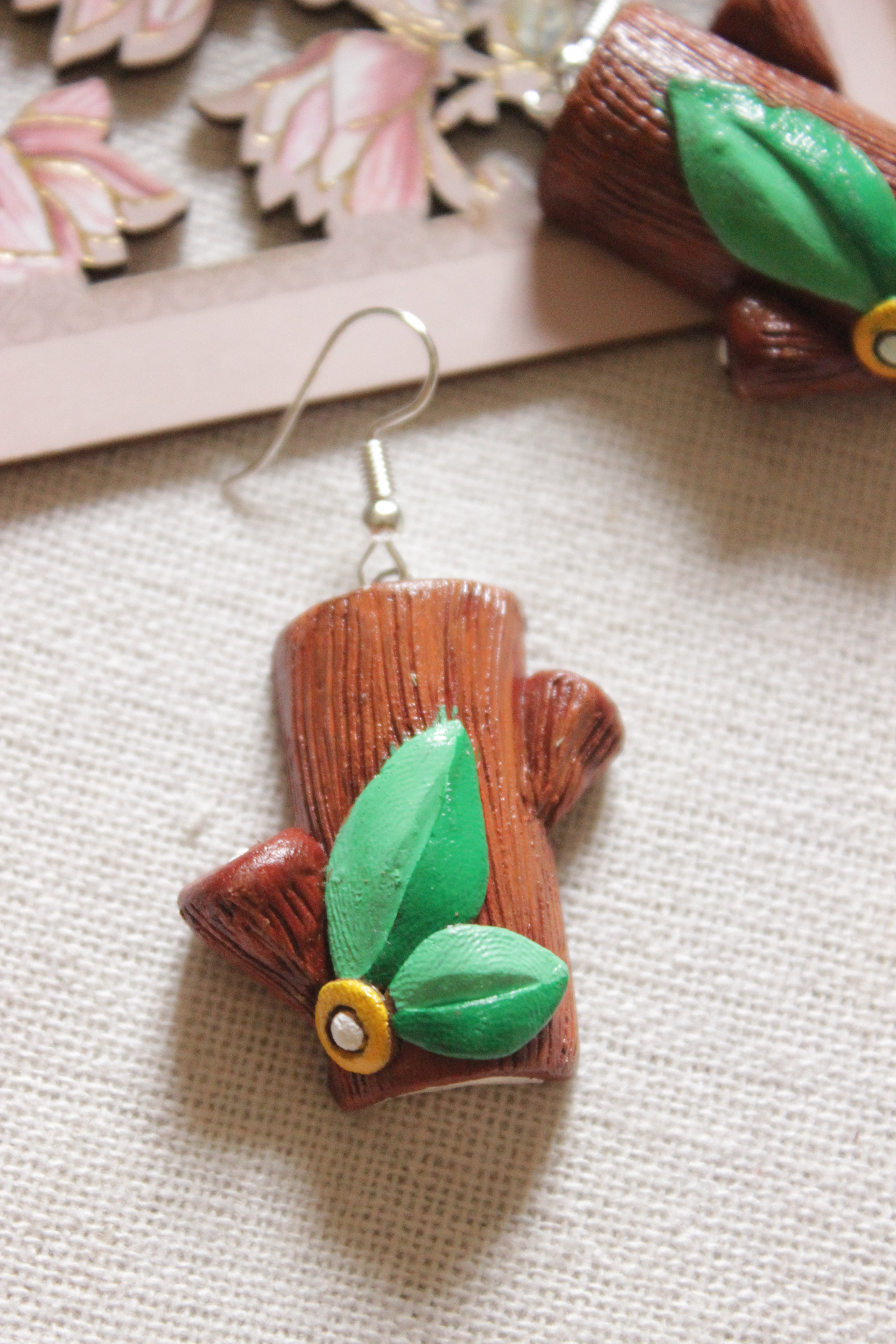 Handmade Terracotta Clay Tree Trunk and Leaves Earrings