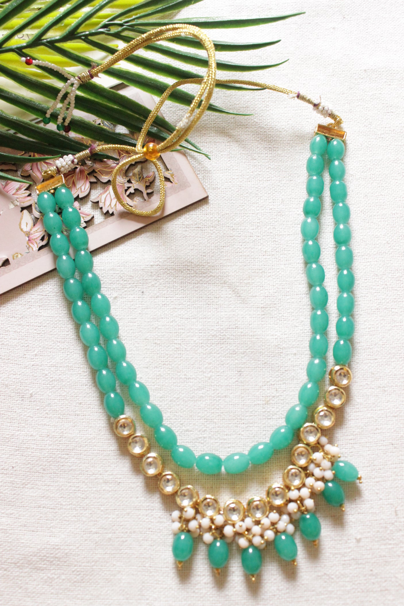 Green Acrylic Beads and Kundan Stones Adjustable Dori Closure 2 Layer Necklace