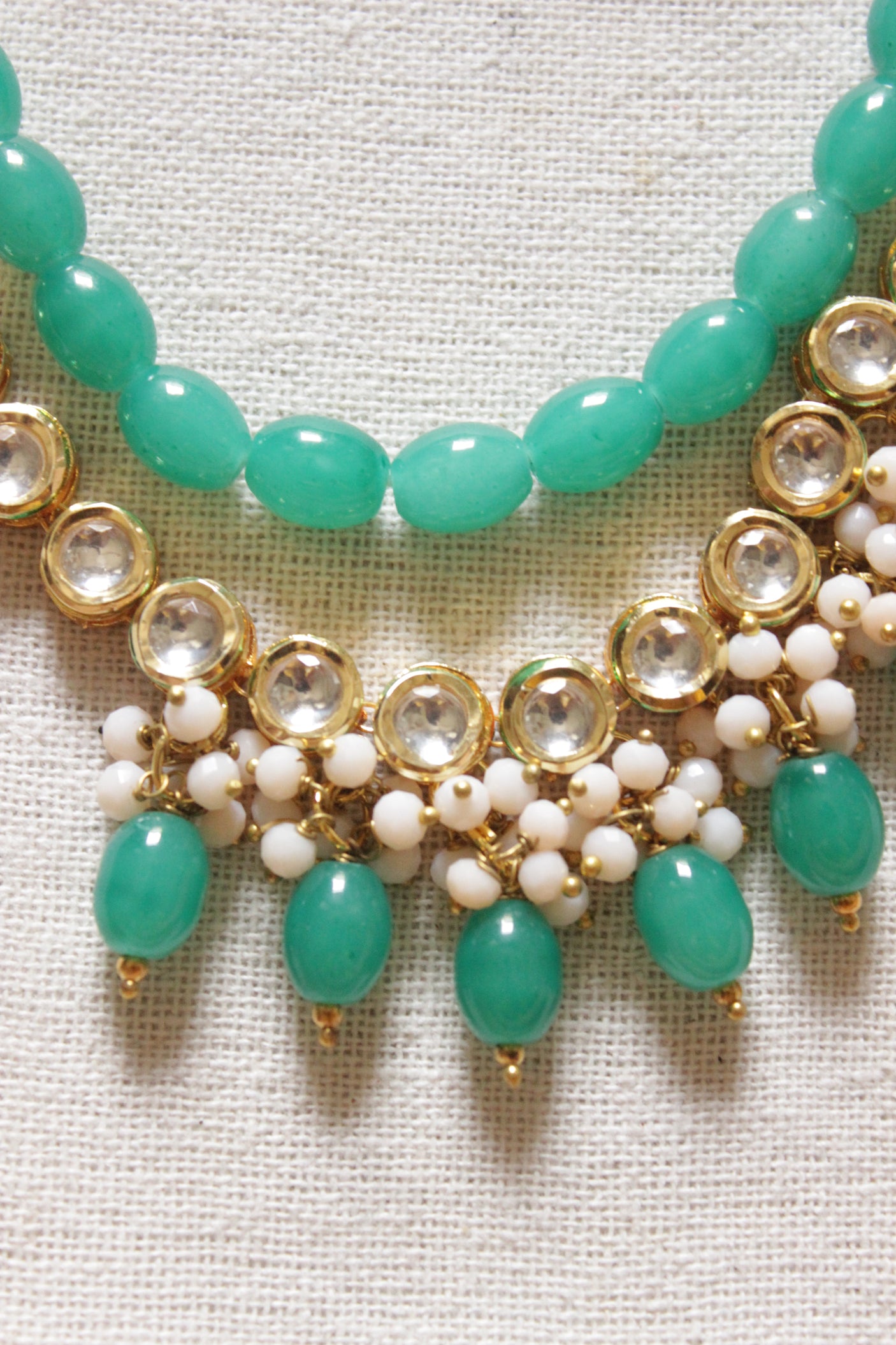 Green Acrylic Beads and Kundan Stones Adjustable Dori Closure 2 Layer Necklace