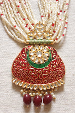 Load image into Gallery viewer, Multiple Pearl Beaded Strands Meenakari Work Kundan Stones Embedded Red Ethnic Necklace
