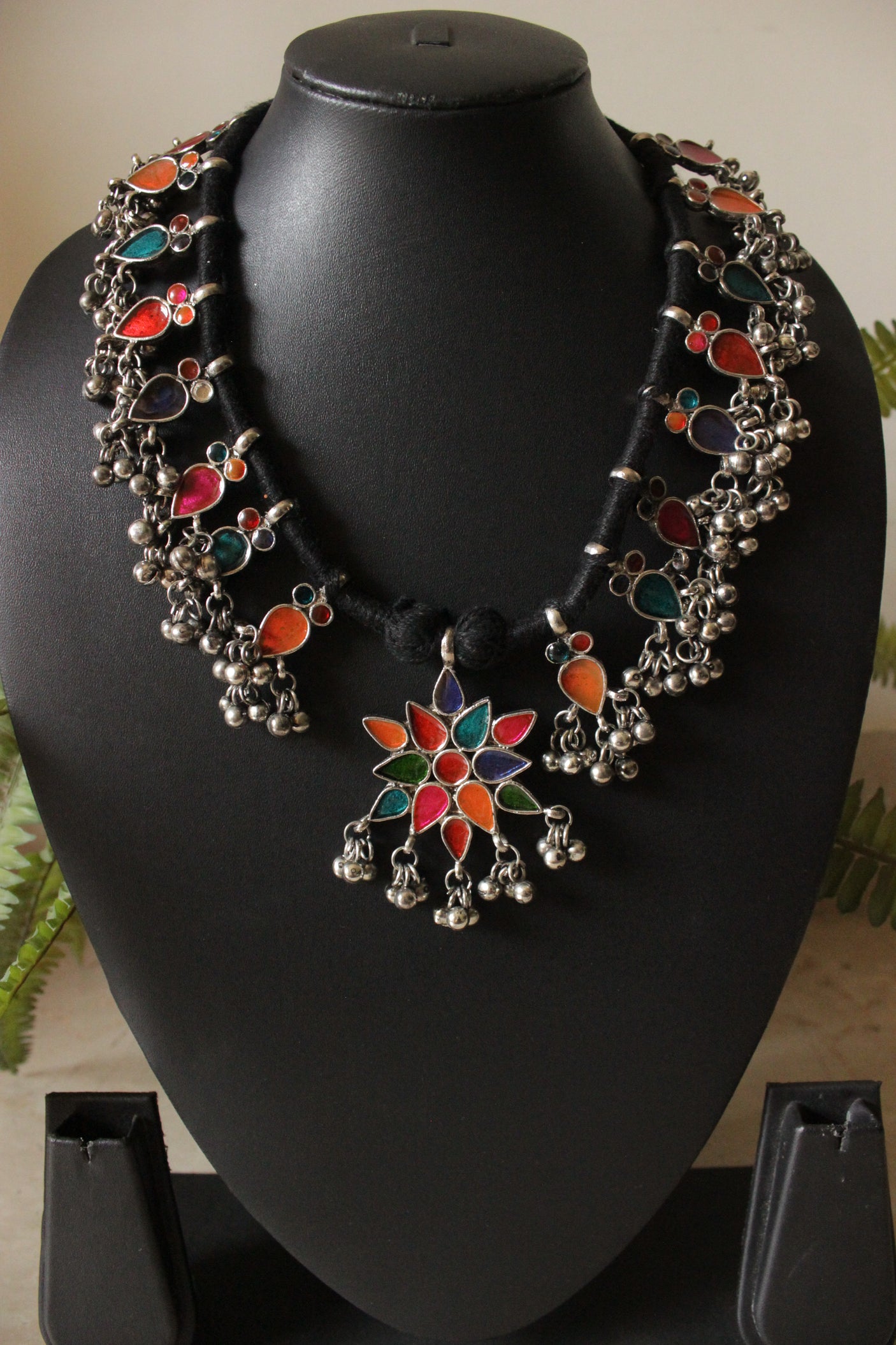 Multi Color Oxidised Finish Afghani Charms Braided in Black Threads Necklace