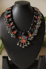 Multi Color Oxidised Finish Afghani Charms Braided in Black Threads Necklace
