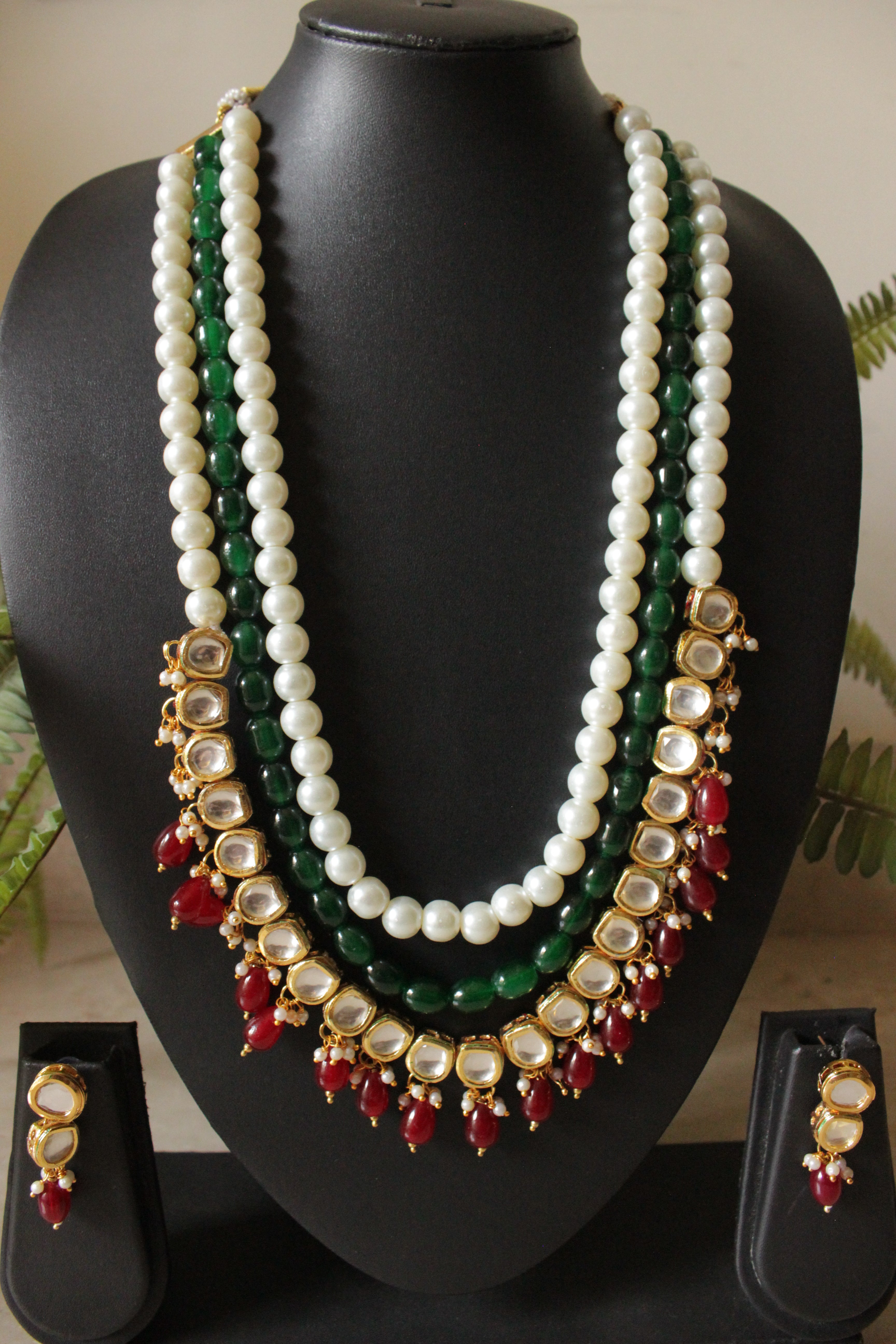 3 Layer Red Green & White Festive Adjustable Length Polki Necklace Set