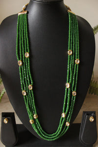 5 Layer Bottle Green Crystal Beads Necklace Set Accentuated with Gold Toned Kundan Stones