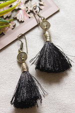 Load image into Gallery viewer, Stamped Queen Motif Dull Gold Finish Fabric Pom Pom Earrings
