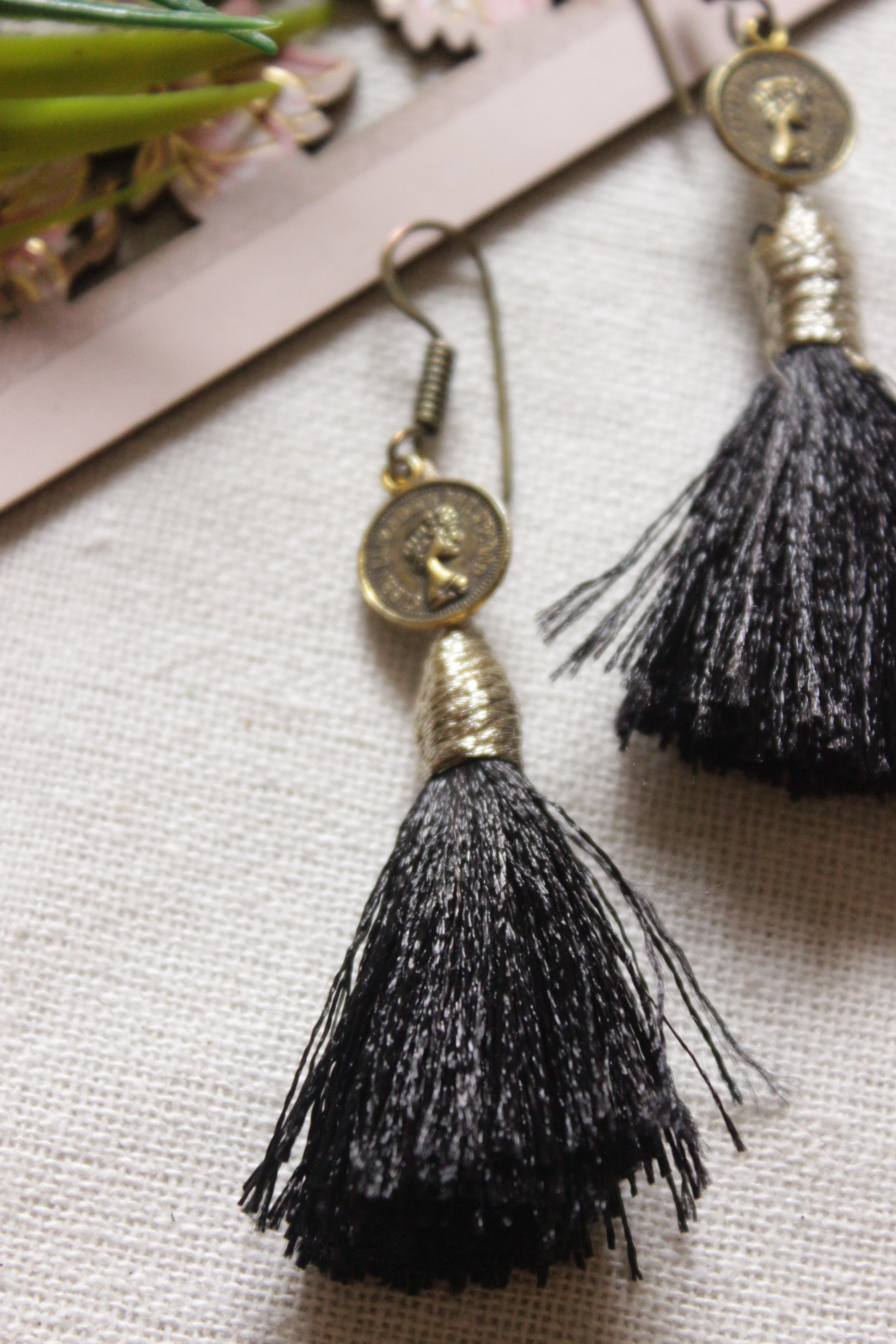 Stamped Queen Motif Dull Gold Finish Fabric Pom Pom Earrings