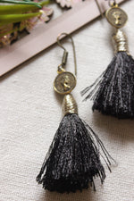 Load image into Gallery viewer, Stamped Queen Motif Dull Gold Finish Fabric Pom Pom Earrings
