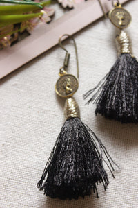 Stamped Queen Motif Dull Gold Finish Fabric Pom Pom Earrings