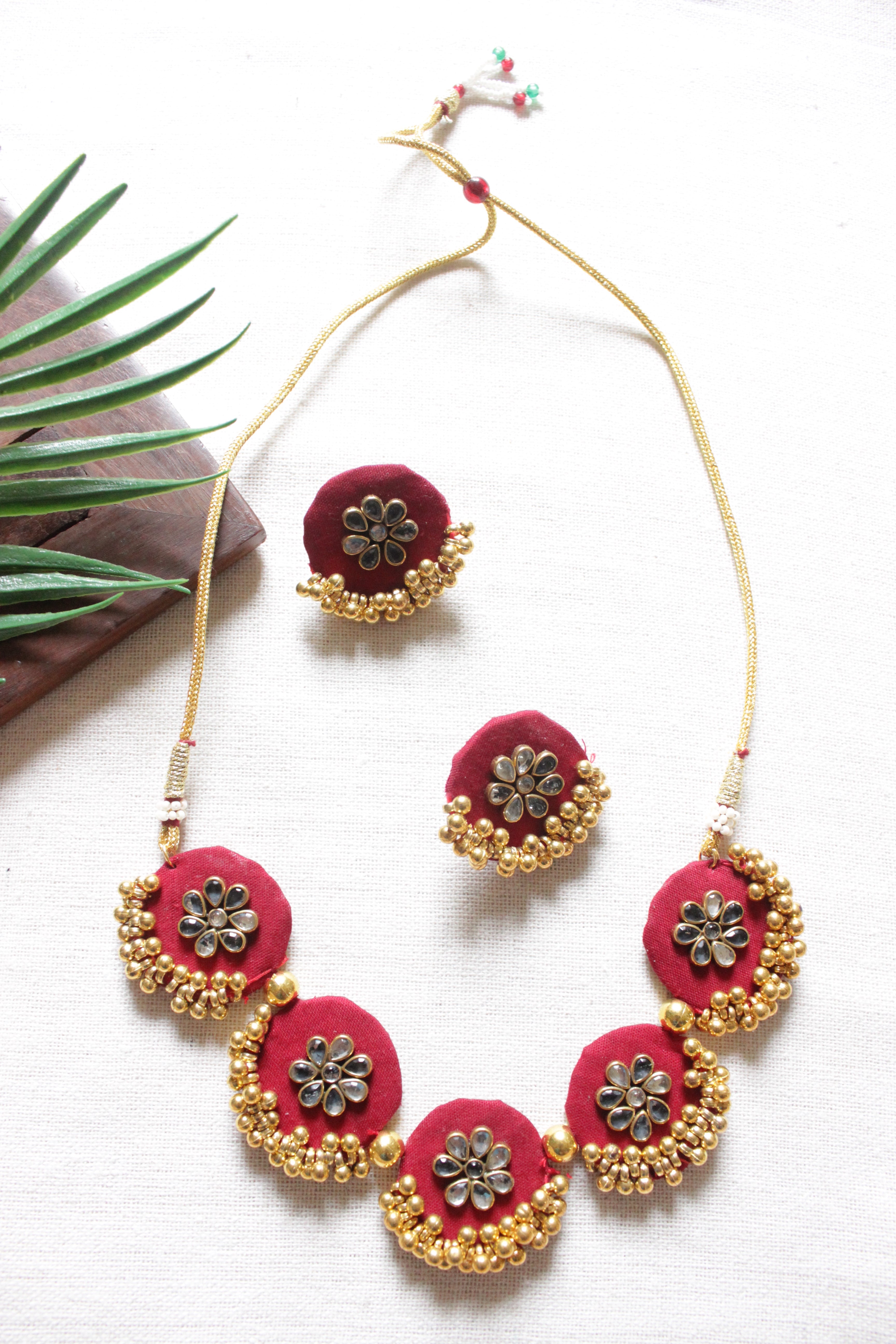 Kundan Stones Embellished Red Fabric Gold Toned Choker Necklace Set