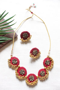 Kundan Stones Embellished Red Fabric Gold Toned Choker Necklace Set