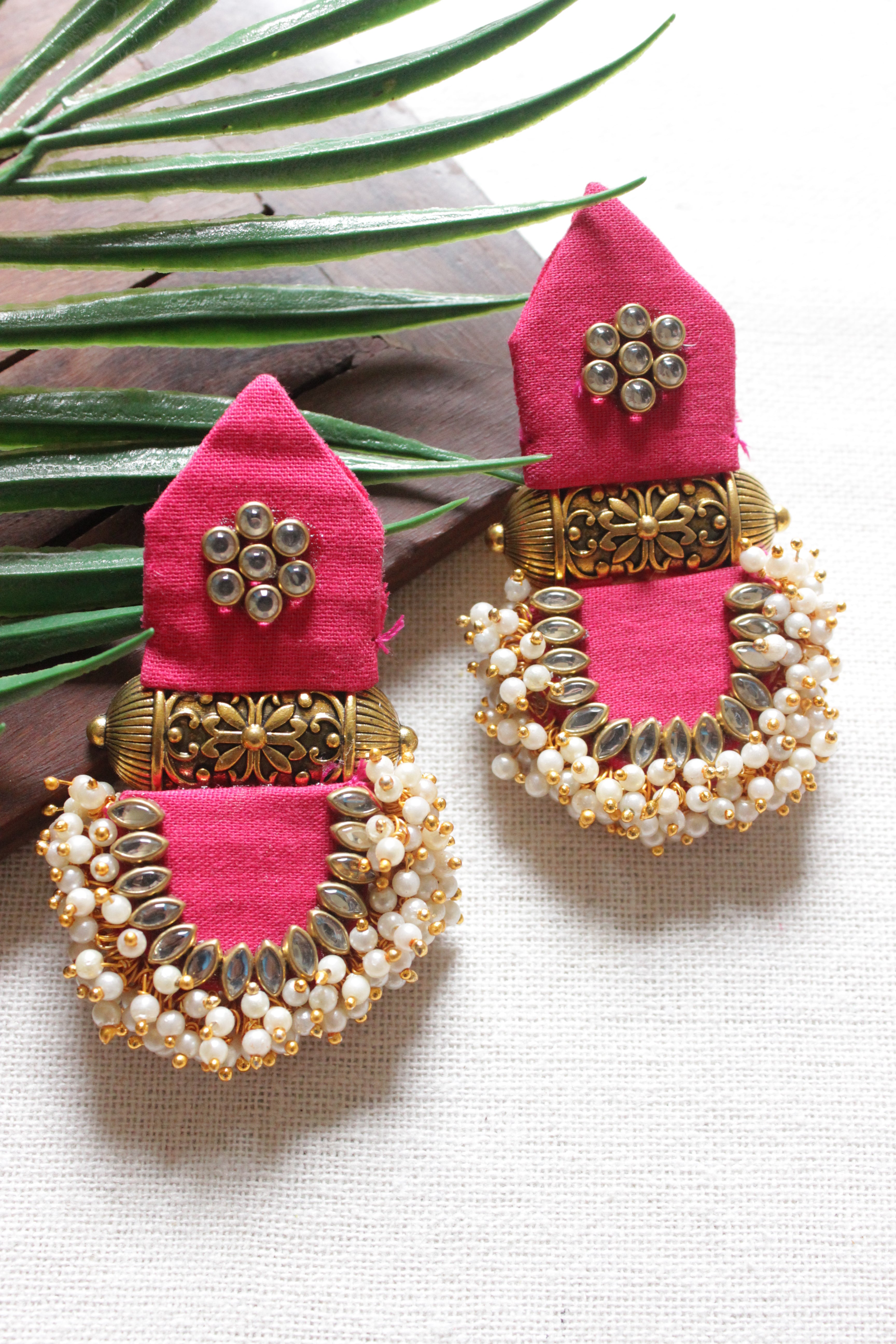 Pink Fabric & White Pearl Beads Matt Gold Finish Vibrant Necklace