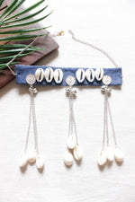 Load image into Gallery viewer, Indigo Fabric Choker Necklace with Pearl Chain Strings
