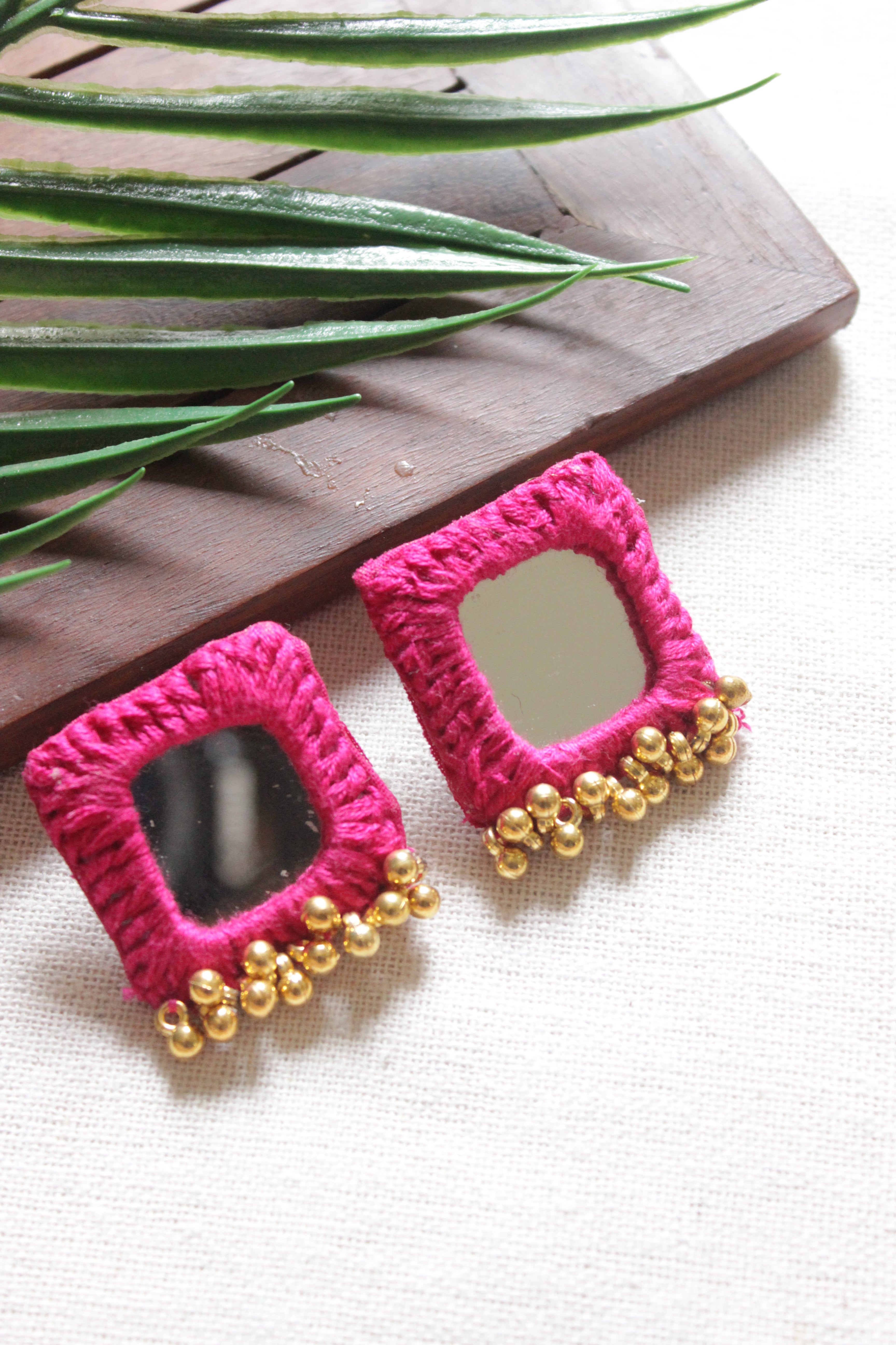 Pink fabric Threads and Mirror Work Golden Metal Beads Choker Necklace A Local Tribe